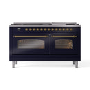 ILVE 60-Inch Nostalgie II  Propane Gas Dual Fuel Range  with 9 Burners, Griddle and Triple Glass Door Oven in Midnight Blue with Brass Trim (UP60FNMPMBG)