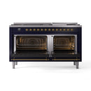 ILVE 60-Inch Nostalgie II  Propane Gas Dual Fuel Range  with 9 Burners, Griddle and Triple Glass Door Oven in Midnight Blue with Brass Trim (UP60FNMPMBG)
