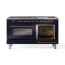 ILVE 60-Inch Nostalgie II  Propane Gas Dual Fuel Range  with 9 Burners, Griddle and Triple Glass Door Oven in Midnight Blue with Brass Trim (UP60FNMPMBG)