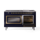 Midnight blue dual fuel range with two open ovens and brass-trim door frames