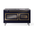 Midnight blue dual fuel range with two brass-framed glass oven doors closed