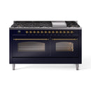 ILVE 60-Inch Nostalgie II  Propane Gas Dual Fuel Range  with 9 Burners, Griddle and Triple Glass Door Oven in Midnight Blue with Brass Trim (UP60FNMPMBG)