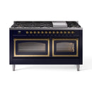 Midnight blue range with brass-trimmed ovens and stovetop burner grates