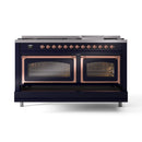 Midnight blue dual fuel range with copper-trimmed doors closed and burner knobs visible
