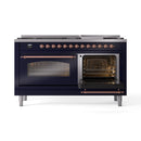 ILVE 60-Inch Nostalgie II  Propane Gas Dual Fuel Range  with 9 Burners, Griddle and Triple Glass Door Oven in Midnight Blue with Copper Trim (UP60FNMPMBP)