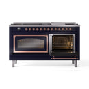 Midnight blue dual fuel range with left oven open and right oven door closed