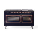 Midnight blue dual oven range with copper-trim doors and closed glass windows
