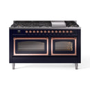 Midnight blue range with cooktop burners and open ovens with copper trim