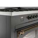 Matte graphite dual fuel range with bronze-trim control panel and burner knobs