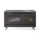 ILVE 60-Inch Nostalgie II  Propane Gas Dual Fuel Range  with 9 Burners, Griddle and Triple Glass Door Oven in Matte Graphite with Bronze Trim (UP60FNMPMGB)