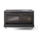 Matte graphite range with nine sealed burners and dual oven doors, bronze trim