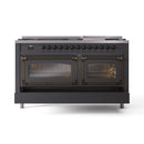 Matte graphite dual fuel range with bronze-trimmed oven windows and two lit ovens