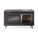 Matte graphite dual oven range with two open doors and bronze handles