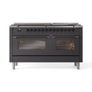 ILVE 60-Inch Nostalgie II  Propane Gas Dual Fuel Range  with 9 Burners, Griddle and Triple Glass Door Oven in Matte Graphite with Bronze Trim (UP60FNMPMGB)