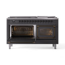 Matte graphite dual oven range with glowing ovens open and bronze-trim door frames