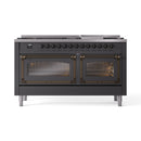 Matte graphite range with nine burner grates and two closed oven doors, bronze accents