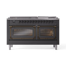 Matte graphite dual fuel range with two bronze-trimmed oven doors and burner control knobs