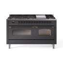 ILVE 60-Inch Nostalgie II  Propane Gas Dual Fuel Range  with 9 Burners, Griddle and Triple Glass Door Oven in Matte Graphite with Bronze Trim (UP60FNMPMGB)