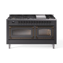 Matte graphite dual fuel range with nine burners and two open ovens, bronze handles