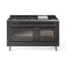 Matte graphite dual fuel range with bronze-trimmed double ovens and control knob panel
