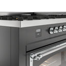 Matte graphite dual fuel range control panel with display and chrome oven handle