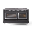 Matte graphite dual fuel gas range with dual oven windows and chrome control knobs