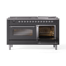 ILVE 60-Inch Nostalgie II  Propane Gas Dual Fuel Range  with 9 Burners, Griddle and Triple Glass Door Oven in Matte Graphite with Chrome Trim (UP60FNMPMGC)