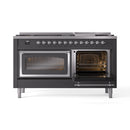 Matte graphite dual fuel range with left oven glass door and right oven door open