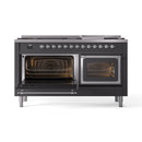 Dual fuel range with both ovens open, illuminated interiors and chrome-trimmed door fronts