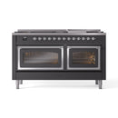 Matte graphite dual fuel gas range with two oven doors and chrome trim