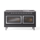 Matte graphite dual fuel range with chrome trim, two front oven doors with viewing glass