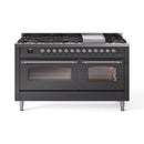 ILVE 60-Inch Nostalgie II Dual Fuel Range with 9 Burners, Griddle and Triple Glass Door Oven in Matte Graphite with Chrome Trim (UP60FNMPMGC)