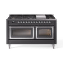 Matte graphite dual fuel range with chrome trim, two glass ovens, front control knobs