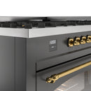 ILVE 60-Inch Nostalgie II Dual Fuel Range with 9 Burners, Griddle and Triple Glass Door Oven in Matte Graphite with Brass Trim (UP60FNMPMGG)