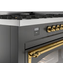 Matte graphite control panel with brass knobs and digital clock display