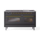 ILVE 60-Inch Nostalgie II Dual Fuel Range with 9 Burners, Griddle and Triple Glass Door Oven in Matte Graphite with Brass Trim (UP60FNMPMGG)