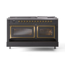 Matte graphite dual fuel range with two brass-trim oven doors closed, front view