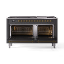 ILVE Nostalgie II 60 inch Propane Gas Range with 10 Sealed Burners, Griddle with Triple Glass Door in Graphite Matte with Brass Trim