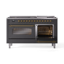 ILVE Nostalgie II 60 inch Propane Gas Range with 10 Sealed Burners, Griddle with Triple Glass Door in Graphite Matte with Brass Trim