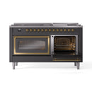 Matte graphite dual-fuel range with left oven open, right oven closed, brass trim