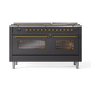 ILVE 60-Inch Nostalgie II Dual Fuel Range with 9 Burners, Griddle and Triple Glass Door Oven in Matte Graphite with Brass Trim (UP60FNMPMGG)