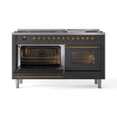 ILVE 60-Inch Nostalgie II Dual Fuel Range with 9 Burners, Griddle and Triple Glass Door Oven in Matte Graphite with Brass Trim (UP60FNMPMGG)