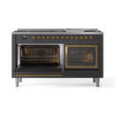 Matte graphite dual fuel range with left oven open and right oven door closed