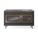 Matte graphite dual-fuel range with two open oven doors and brass-trim frames