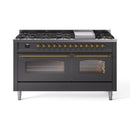ILVE Nostalgie II 60 inch Propane Gas Range with 10 Sealed Burners, Griddle with Triple Glass Door in Graphite Matte with Brass Trim