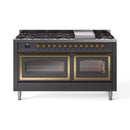Matte graphite dual-fuel range with brass burner knobs and both ovens open