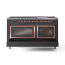 Matte graphite dual fuel range with copper trim, double oven doors closed, 9 burner knobs