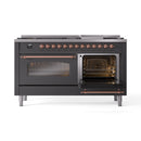 ILVE 60-Inch Nostalgie II  Propane Gas Dual Fuel Range  with 9 Burners, Griddle and Triple Glass Door Oven in Matte Graphite with Copper Trim (UP60FNMPMGP)