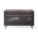 ILVE 60-Inch Nostalgie II  Propane Gas Dual Fuel Range  with 9 Burners, Griddle and Triple Glass Door Oven in Matte Graphite with Copper Trim (UP60FNMPMGP)