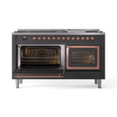 ILVE dual fuel range with left oven open, showing burner ring and interior racks